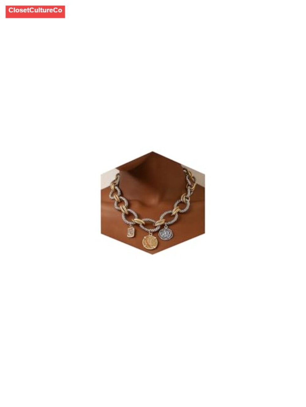 Chunky Two Tone Necklace with Gold Coin Pendant Mixed Metal Statement